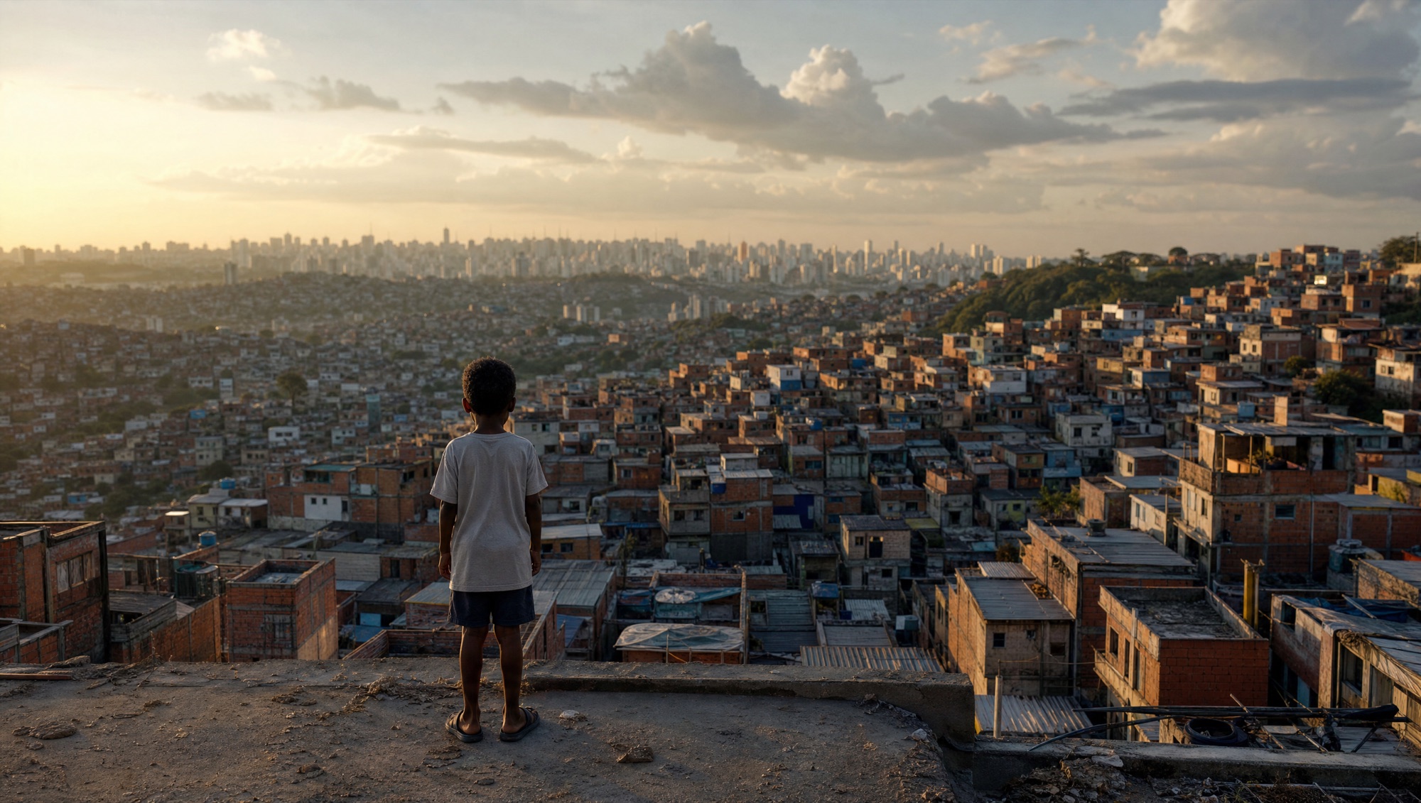 A child seen from behind, gazing over the sea of favela rooftops at dusk, with the São Paulo skyline in the distance